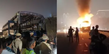 गुरुग्राम में दिल्ली-जयपुर हाईवे पर एक भरी बस में लगी आग।