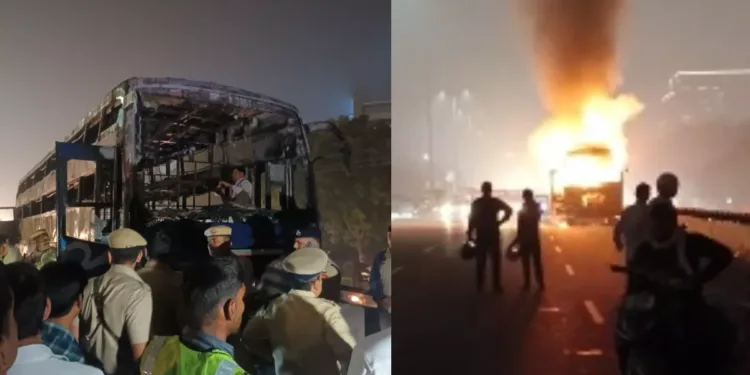 गुरुग्राम में दिल्ली-जयपुर हाईवे पर एक भरी बस में लगी आग।